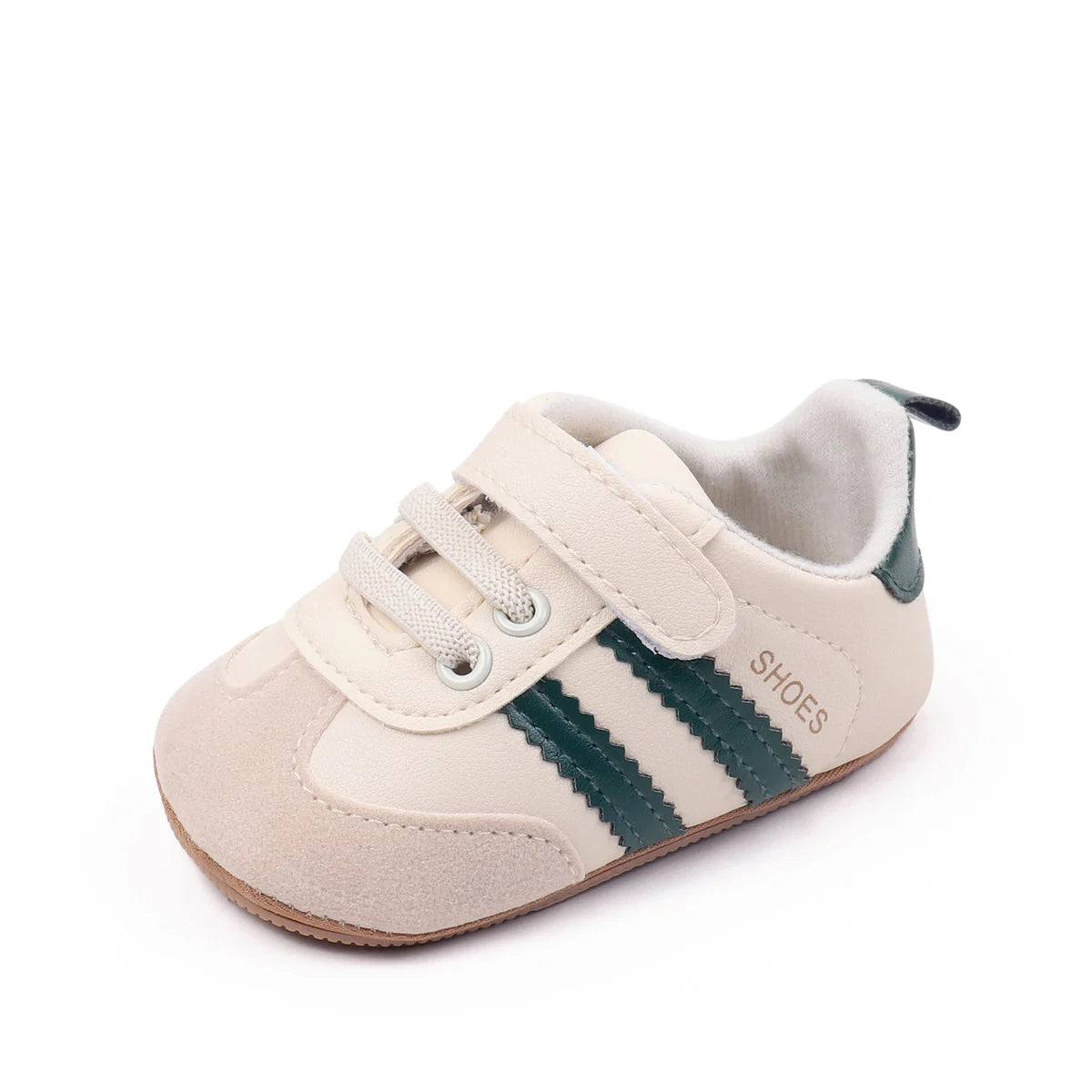 Baby first walker sneaker, beige/cream upper with teal side stripes and brown rubber sole