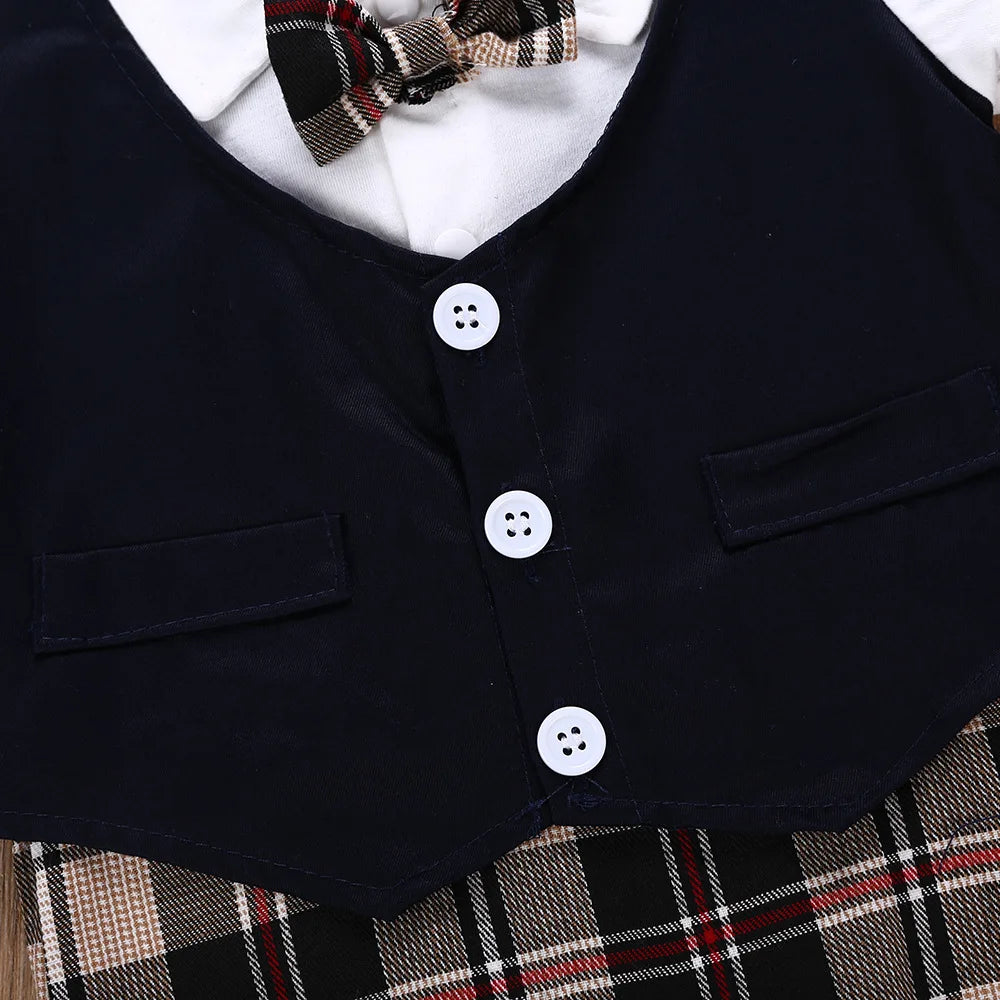 Infant boy suit romper navy vest with white button closures and plaid bow tie