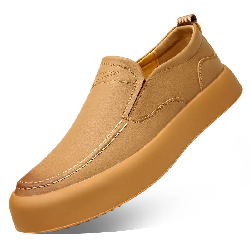 Yellow-brown genuine leather slip-on loafer with moc stitching and elastic gore