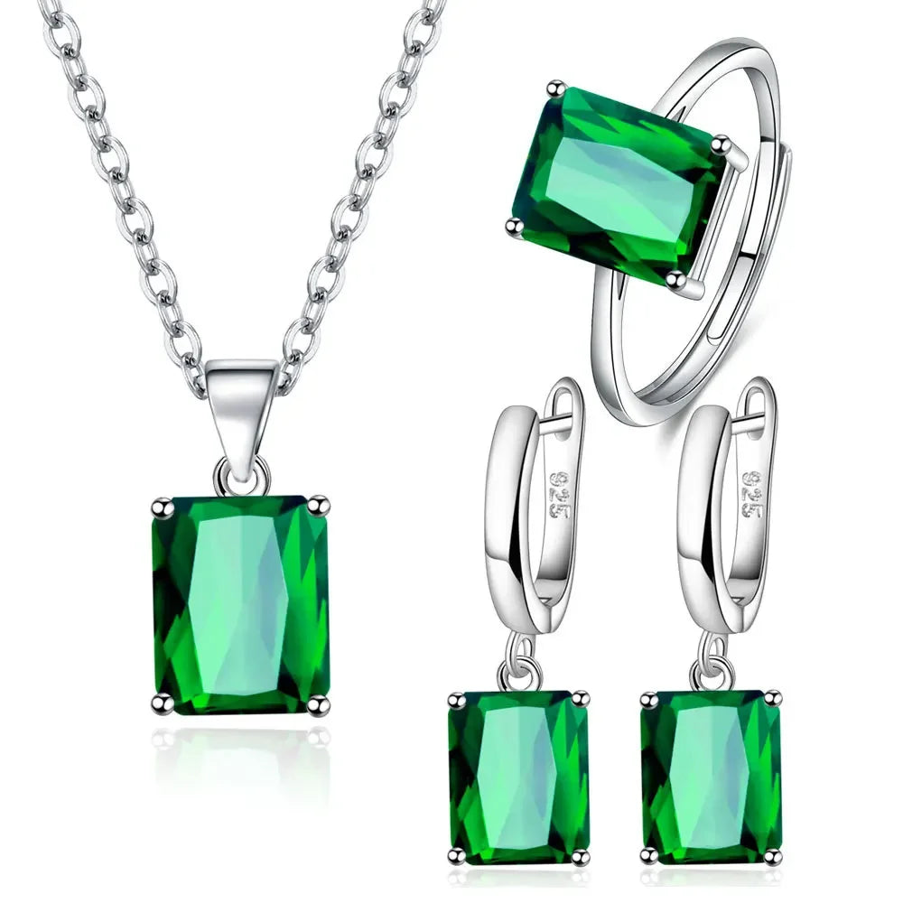 925 Sterling Silver  Elegant Jewelry Sets Ring Earrings Necklace For Women Rectangle Geometry Zircon Wedding Accessories K's Collection Store