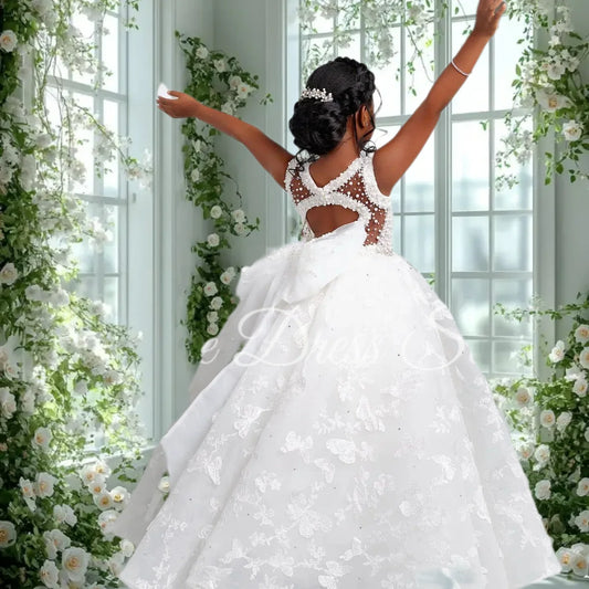 White Flower Girl Dress for Wedding Tulle Puffy Butterfly Applique Kids Birthday Party First Holy Communion Ball Gowns Custom K's Collection Store