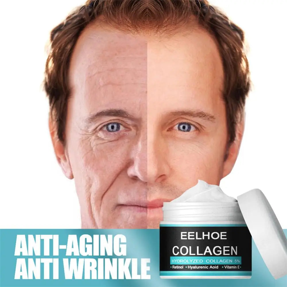 Collagen face cream jar with open lid and matching product box