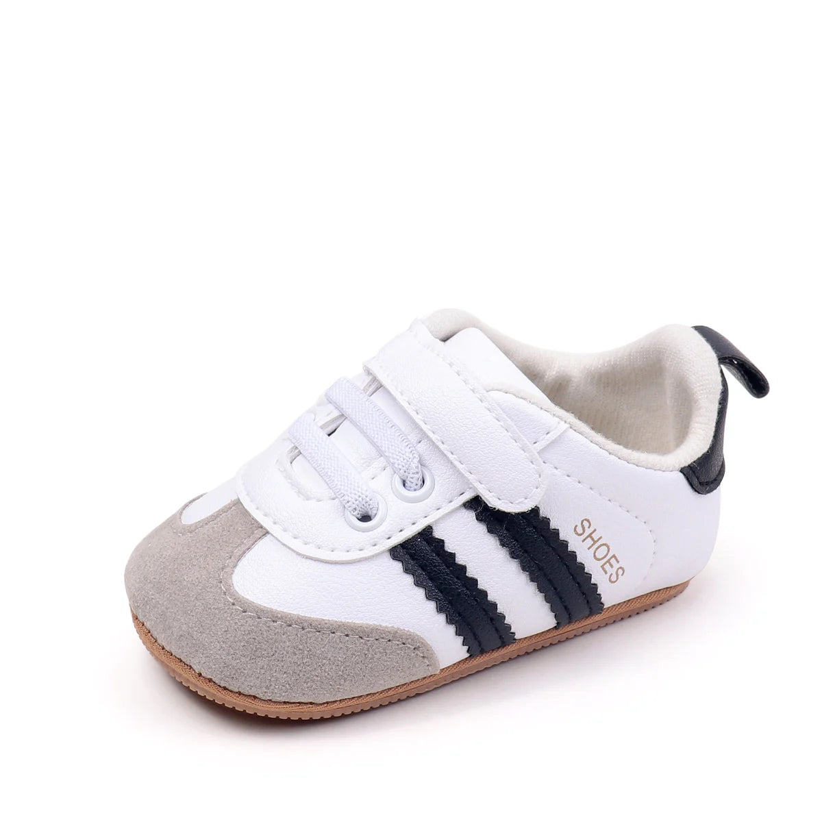 Baby first walker sneaker, white with gray side panels and navy heel detail, brown sole