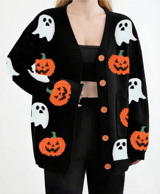 Pumpkin Patterned Knitted Pullovers Halloween Festival Loose Fit Long Sleeve Sweater Autumn Winter O Neck Cardigan Jumpers K's Collection Store