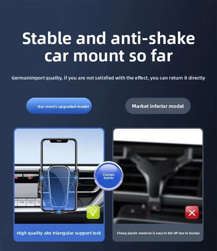 Black car phone mount with tightening clamps for anti-shake stability