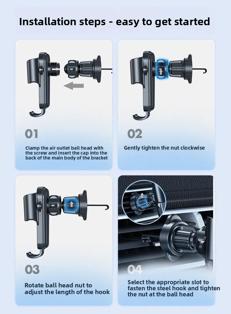 Car air vent phone mount installation showing rotating clamp and hook head