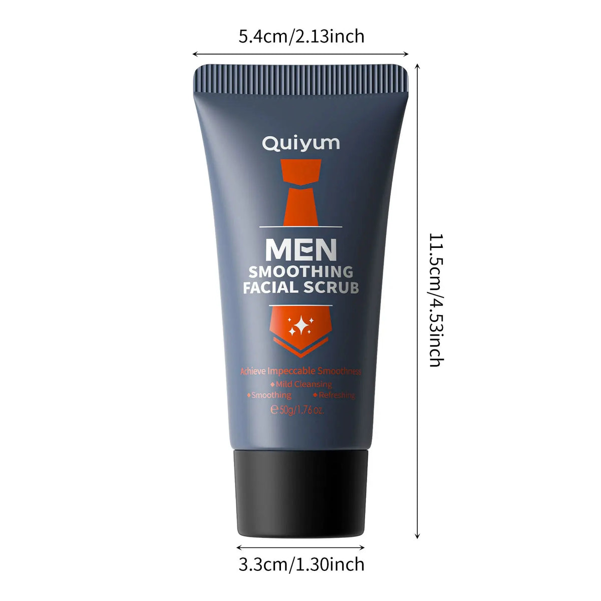Quiyum MEN smoothing facial scrub tube with size measurements: 5.4 cm by 3.3 cm