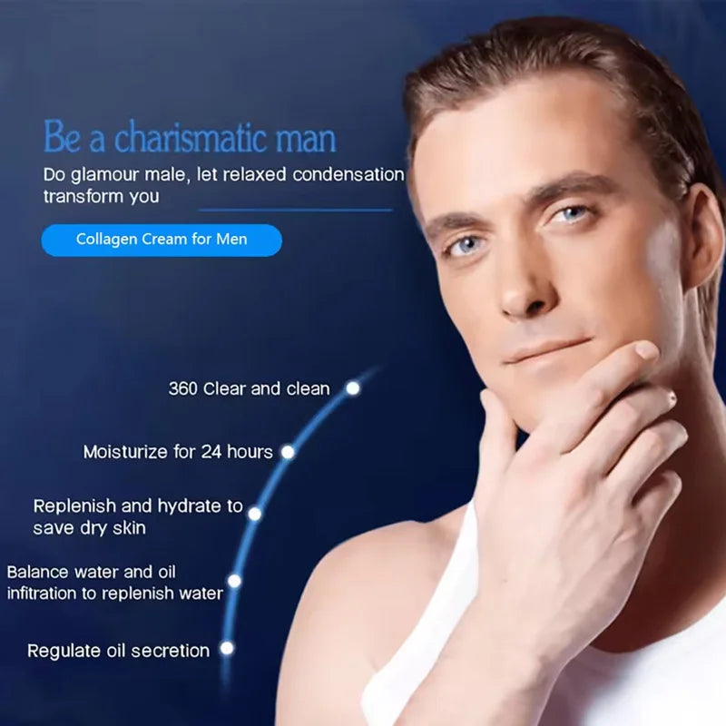 Men’s oil control face cream bottle beside a man touching his cheek