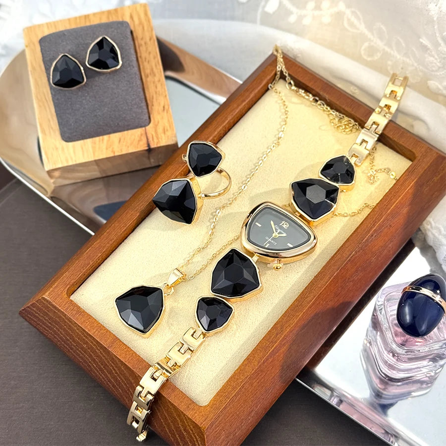 Luxury Ladies Quartz Watch  Colorful Diamond Irregular Shape Necklace Ring Earrings Jewelry Set Four-Piece Gift Set Trendsetter K's Collection Store