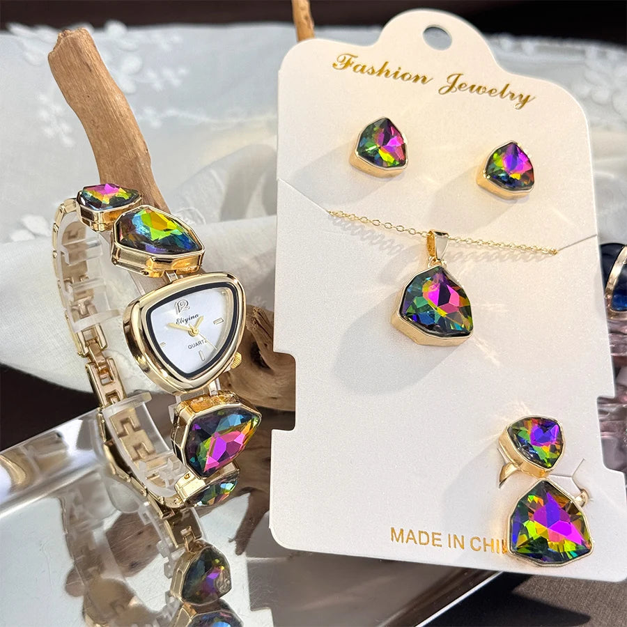 Luxury Ladies Quartz Watch  Colorful Diamond Irregular Shape Necklace Ring Earrings Jewelry Set Four-Piece Gift Set Trendsetter K's Collection Store