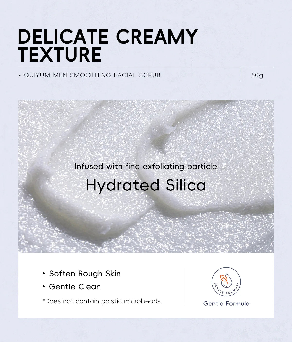 Men's facial scrub concept with a creamy gel swatch and hydrated silica, 50 g