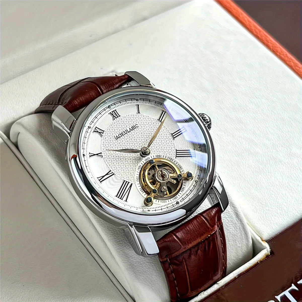 Men's automatic mechanical watch with silver case, white dial and brown leather strap