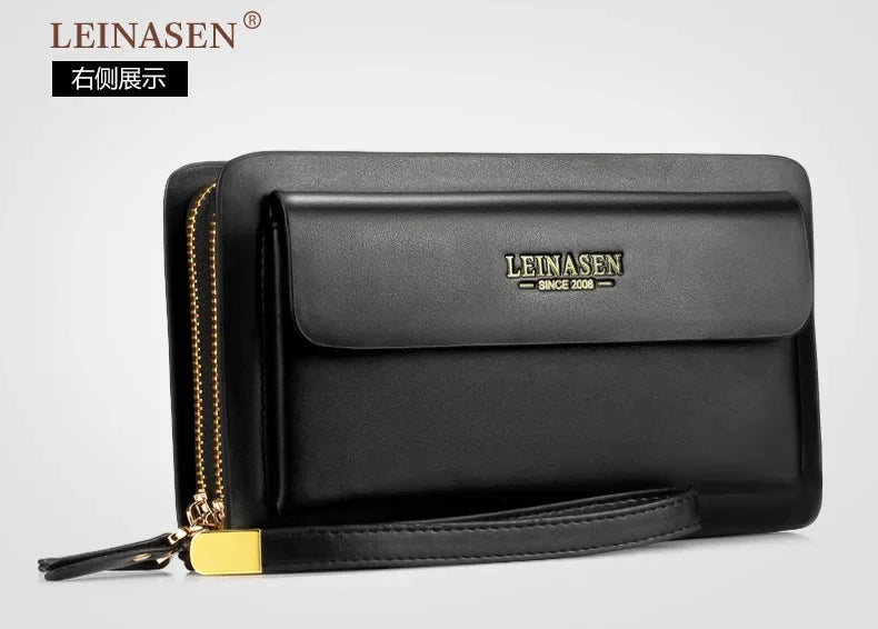 Black leather men's wallet with double zipper, gold logo and wrist strap