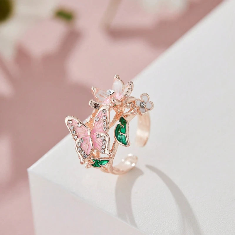 Aesthetic Flower Butterfly Rings for Female Romantic Rhinestone Stylish Non-fading Opening Ring Women Wedding Jewelry Party Gift K's Collection Store