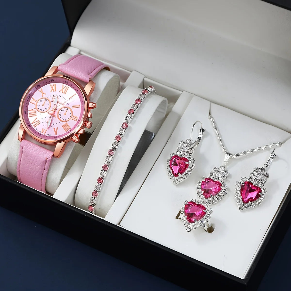 Fashion Quartz Watch and Jewelry Set, Shock Resistant Circular Analog Digital Display, PU Leather Strap, Zinc Alloy Case K's Collection Store