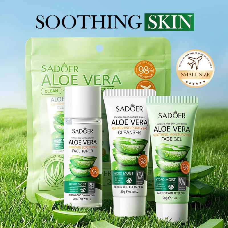 SADOER Aloe Vera facial care travel set pouch with cleanser bottle and two gel tubes