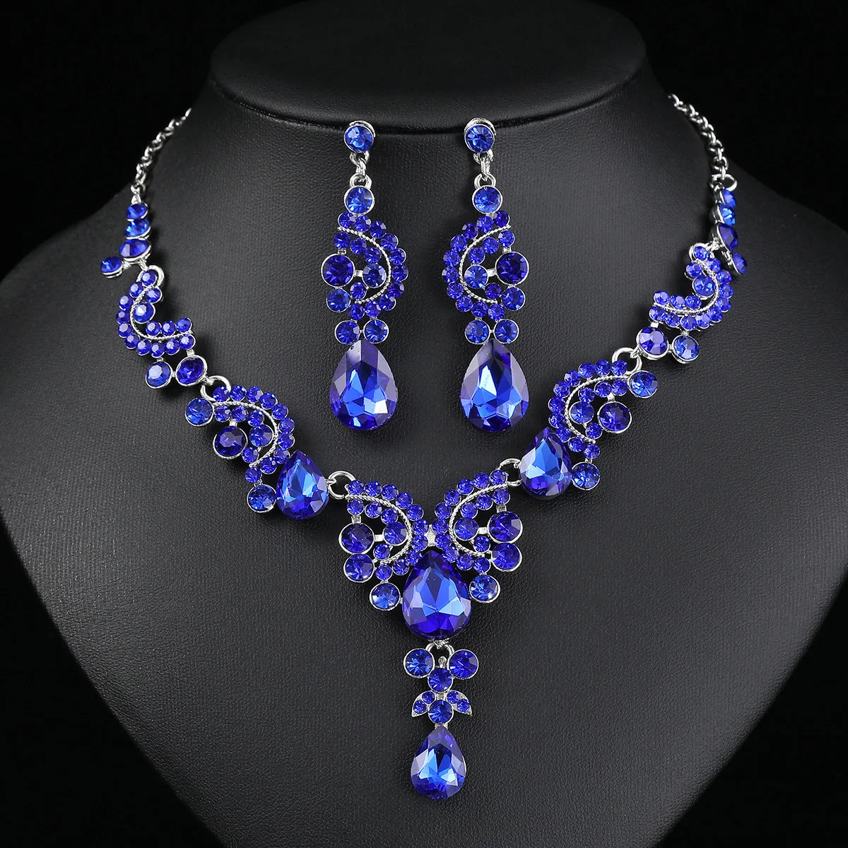 2pcs/set Jewelry Sets Women Blue Elegant Waterdrop Rhinestone Pendant Necklace stud Earrings Wedding Dress Bridal Jewelry Set K's Collection Store
