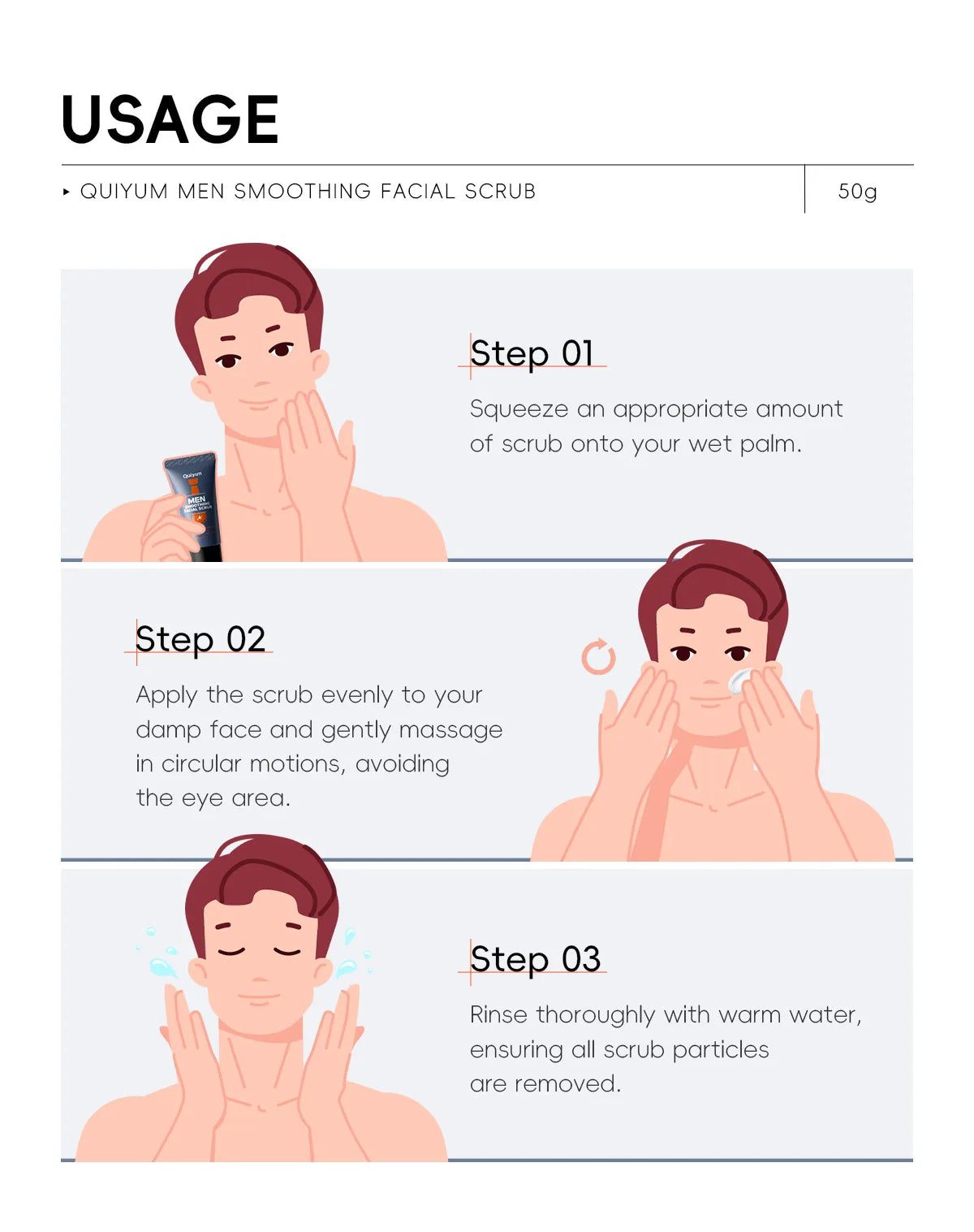 Men's facial scrub usage steps with a squeeze bottle illustration, 50 g