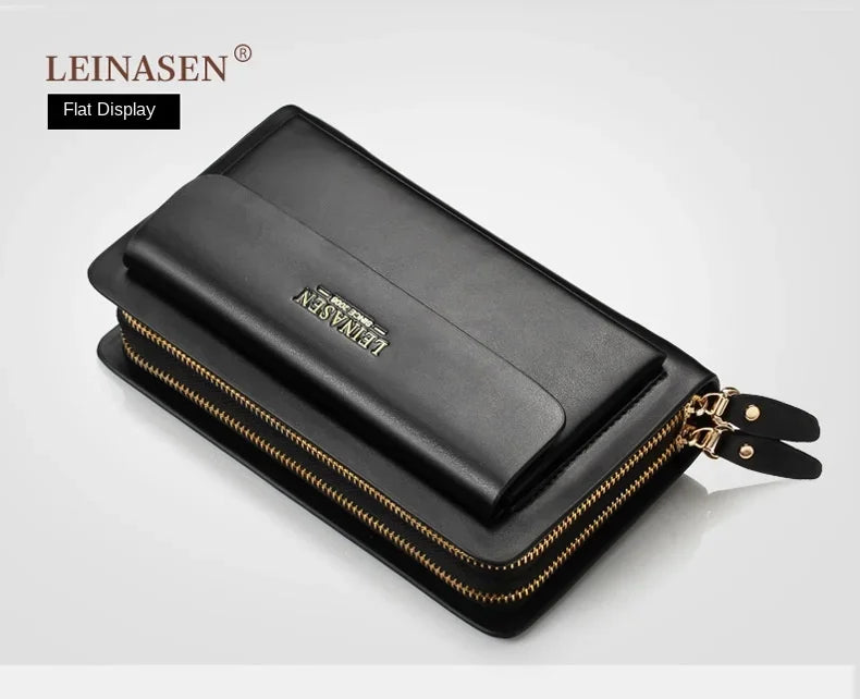 Black leather wallet laid flat with embossed logo and double zipper along the edge