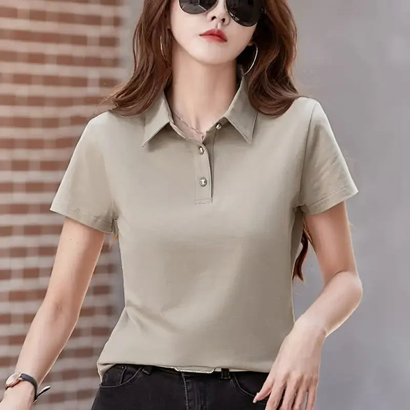 Women's khaki short-sleeve polo shirt with button placket and fold-over collar