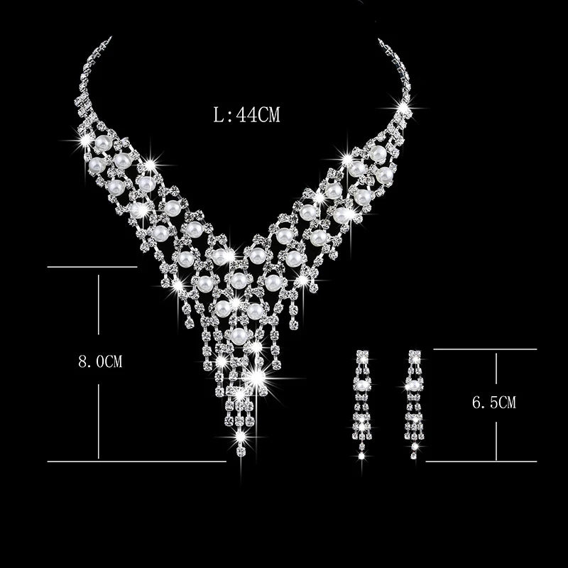 Luxury Long Tassels Jewelry Pearl Necklace Earing Set Crystal Zircon Wedding Bridal Jewelry Sets For Women Bijoux Mariage Zestaw K's Collection Store