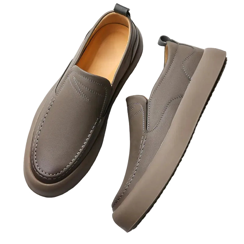 Taupe genuine leather slip-on loafer with stitched moc toe and side gore