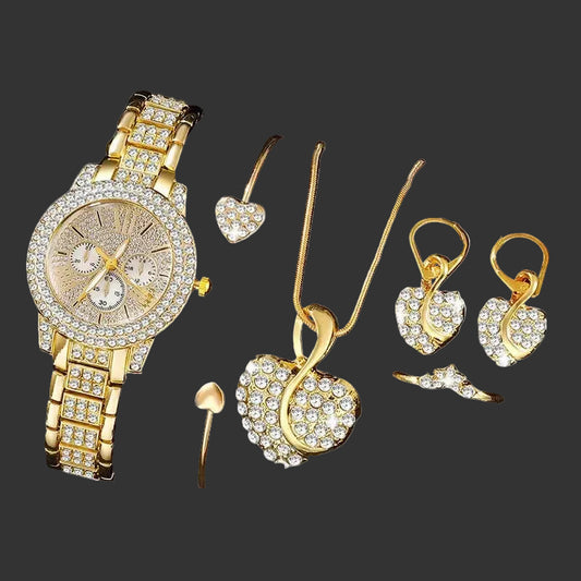 Women's Quartz Watch Gold Luxury Women Ring Necklace Earring Rhinestone Fashion Wristwatch Casual Ladies Watches Jewelry Set K's Collection Store