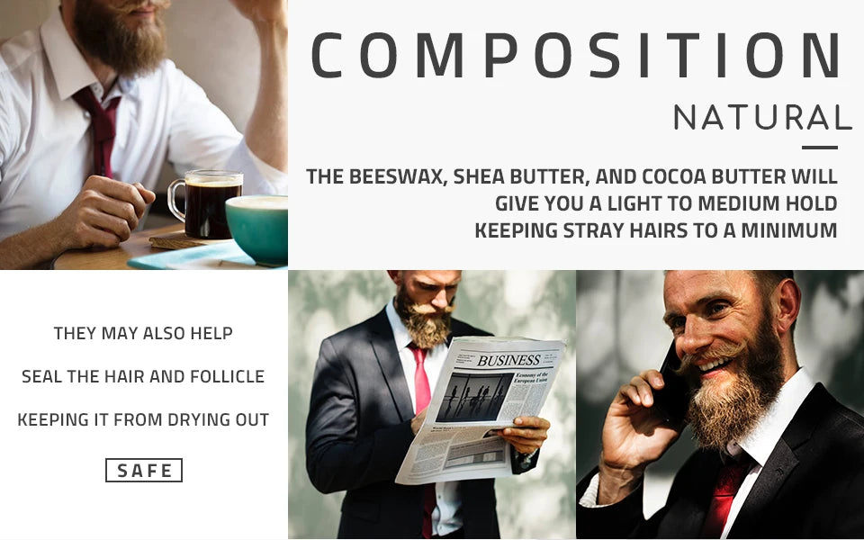 Beard balm promotional ad with men and text about benefits