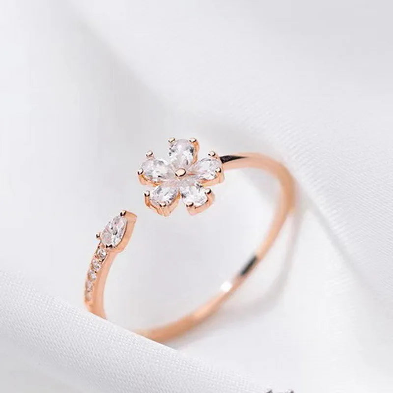 Luxury Zircon Flower Opening Rings for Women Cubic Zirconia Rose Cherry Blossom Tulip Adjustable Finger Ring Wedding Jewelry K's Collection Store