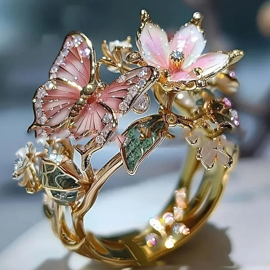 Aesthetic Flower Butterfly Rings for Female Romantic Rhinestone Stylish Non-fading Opening Ring Women Wedding Jewelry Party Gift K's Collection Store