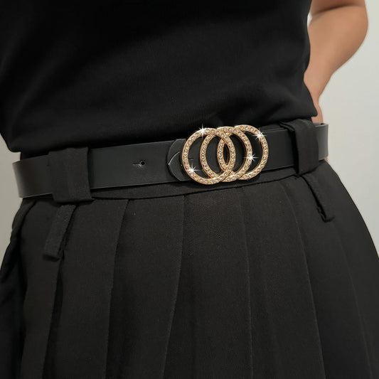 Black PU leather designer waist belt with three-ring alloy buckle, jeweled gold tone