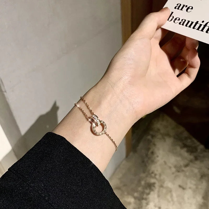 Classic Charm Full Zircon Roman Numeral Double Rings Cross Bracelet for Women Exquisite Stainless Steel Colorfast Bangle Jewelry K's Collection Store