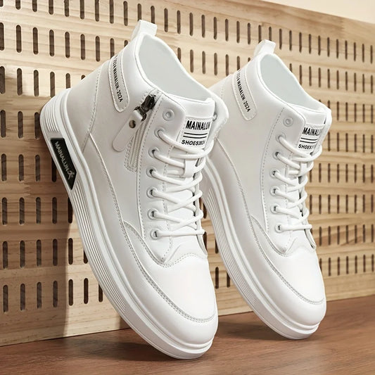 White men’s high-top sneakers with elastic lace-up front, cushioned sole