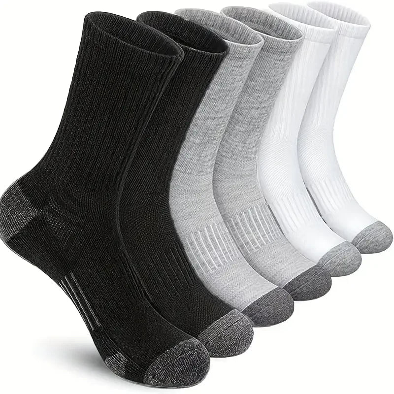 Men's crew socks multi-pack in black, gray, and white with gray toe and heel