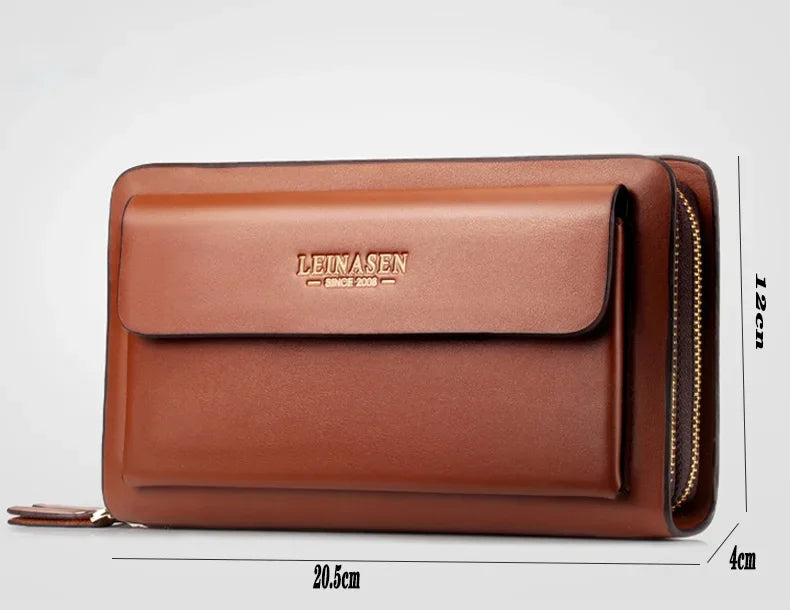 Brown wallet clutch with front flap, double zipper, and slim side profile