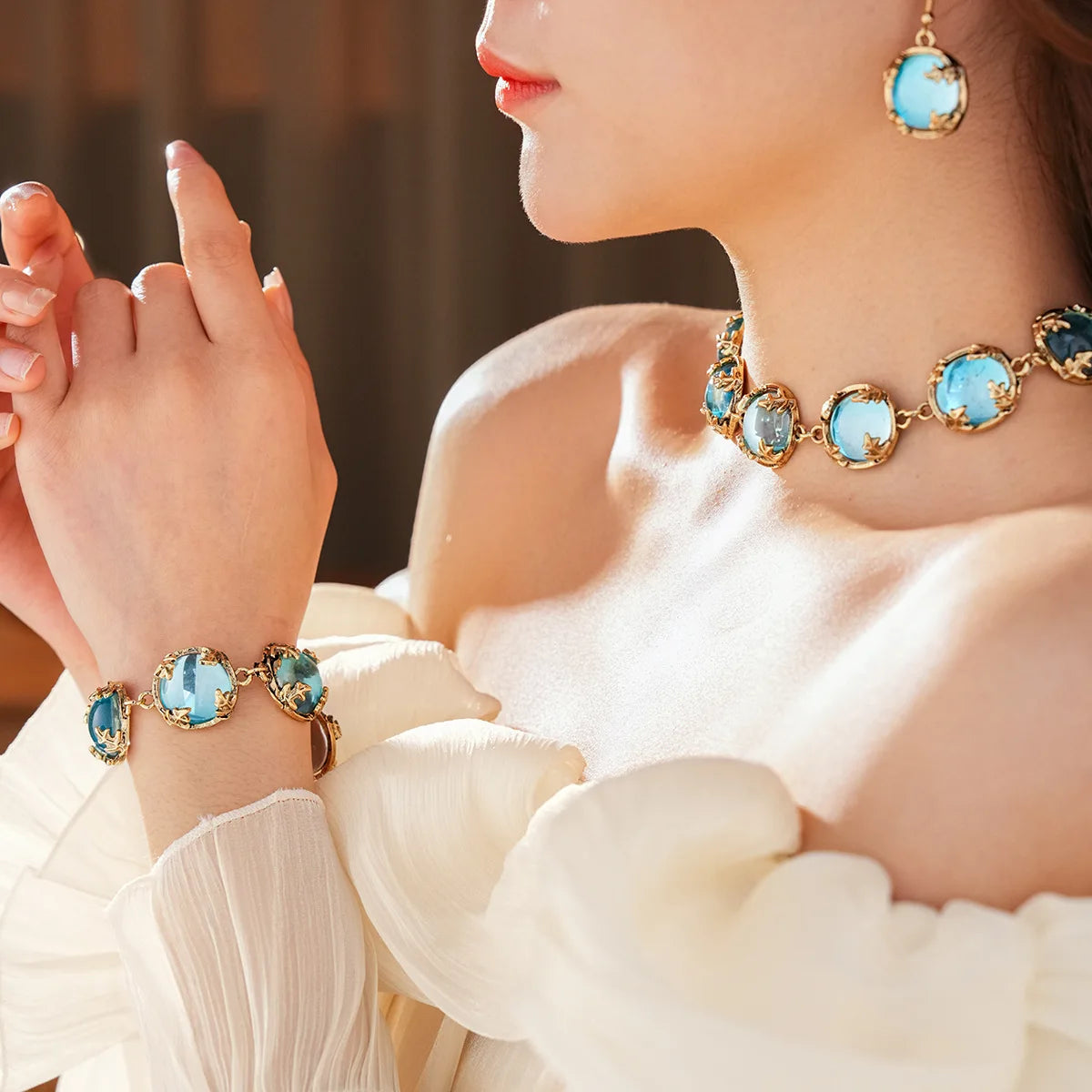Vintage Fashion Wedding Jewelry Sets for Women Light Luxury Round Resin Necklace Versatile High-end Earring Bracelet K's Collection Store