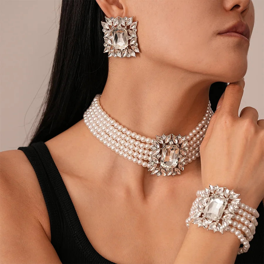 Elegant Costume Jewelry Set Wedding Large Crystal Earrings Multi Strand Bracelet and Imitation Pearl Choker Necklace for Women K's Collection Store