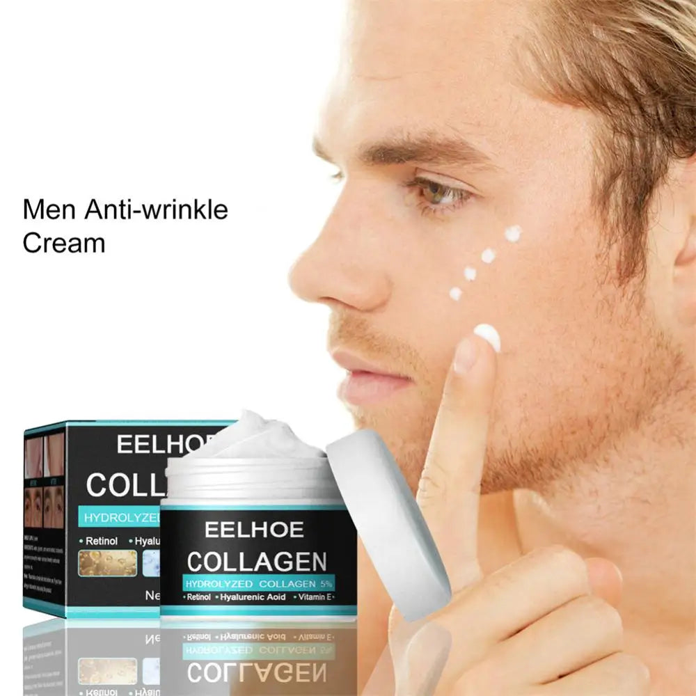 Collagen face cream jar and box, cream dots near eye and cheek in profile view.