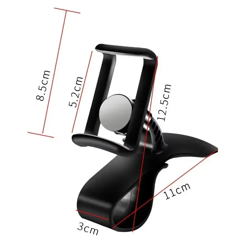 Black dashboard phone mount shown with measurement diagram and curved base