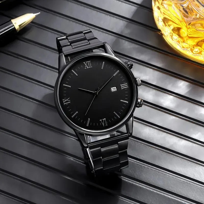 Men's Black Minimalist Quartz Watch Set with Link Necklace & Ring K's Collection Store