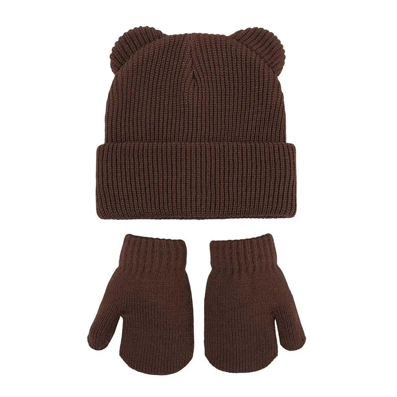Winter Kids Hat Gloves Set Cute Bear Ear Beanie for Boys Girls Warm Kintted Earflap Hats Solid Color Mittens 6M-3Y K's Collection Store