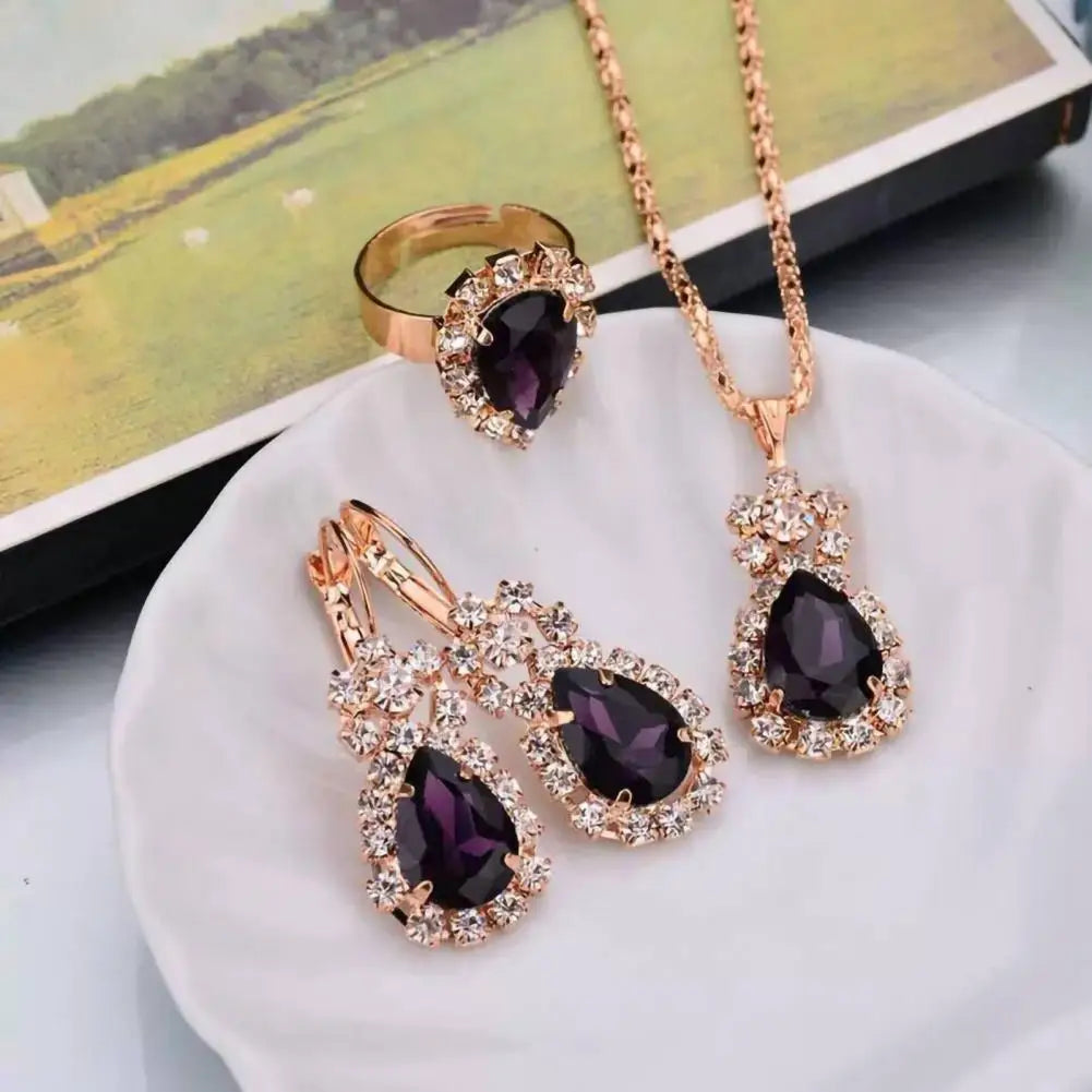 3Pcs/Set Luxury Wedding Jewelry Set  Smooth Alloy Necklace Earrings Ring Set  Shiny Bridal Earrings Necklace Ring Set K's Collection Store