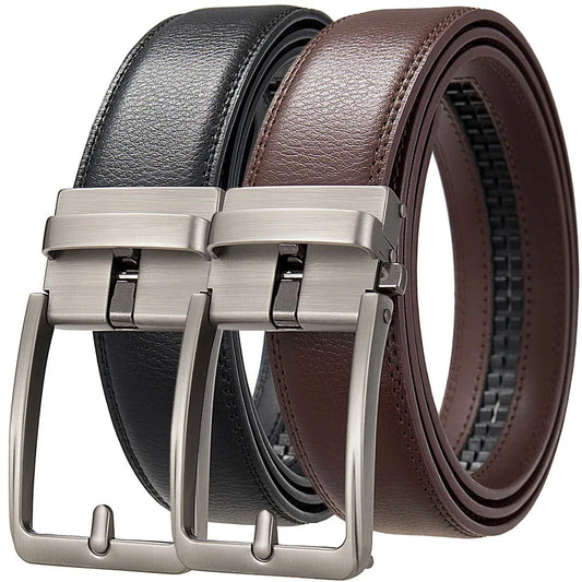 Genuine leather click belt with silver automatic buckle; black and brown straps shown