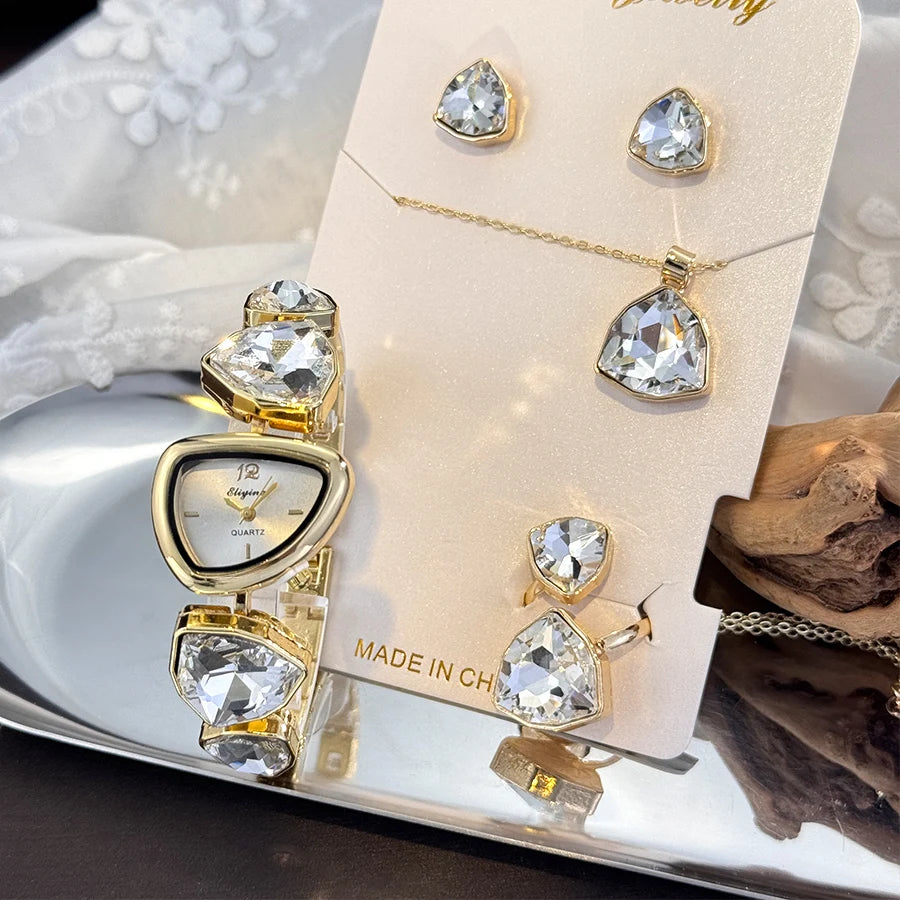 Luxury Ladies Quartz Watch  Colorful Diamond Irregular Shape Necklace Ring Earrings Jewelry Set Four-Piece Gift Set Trendsetter K's Collection Store