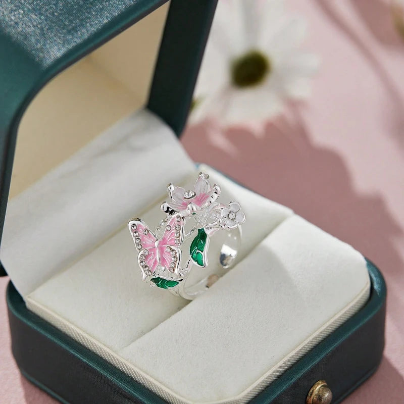 Aesthetic Flower Butterfly Rings for Female Romantic Rhinestone Stylish Non-fading Opening Ring Women Wedding Jewelry Party Gift K's Collection Store