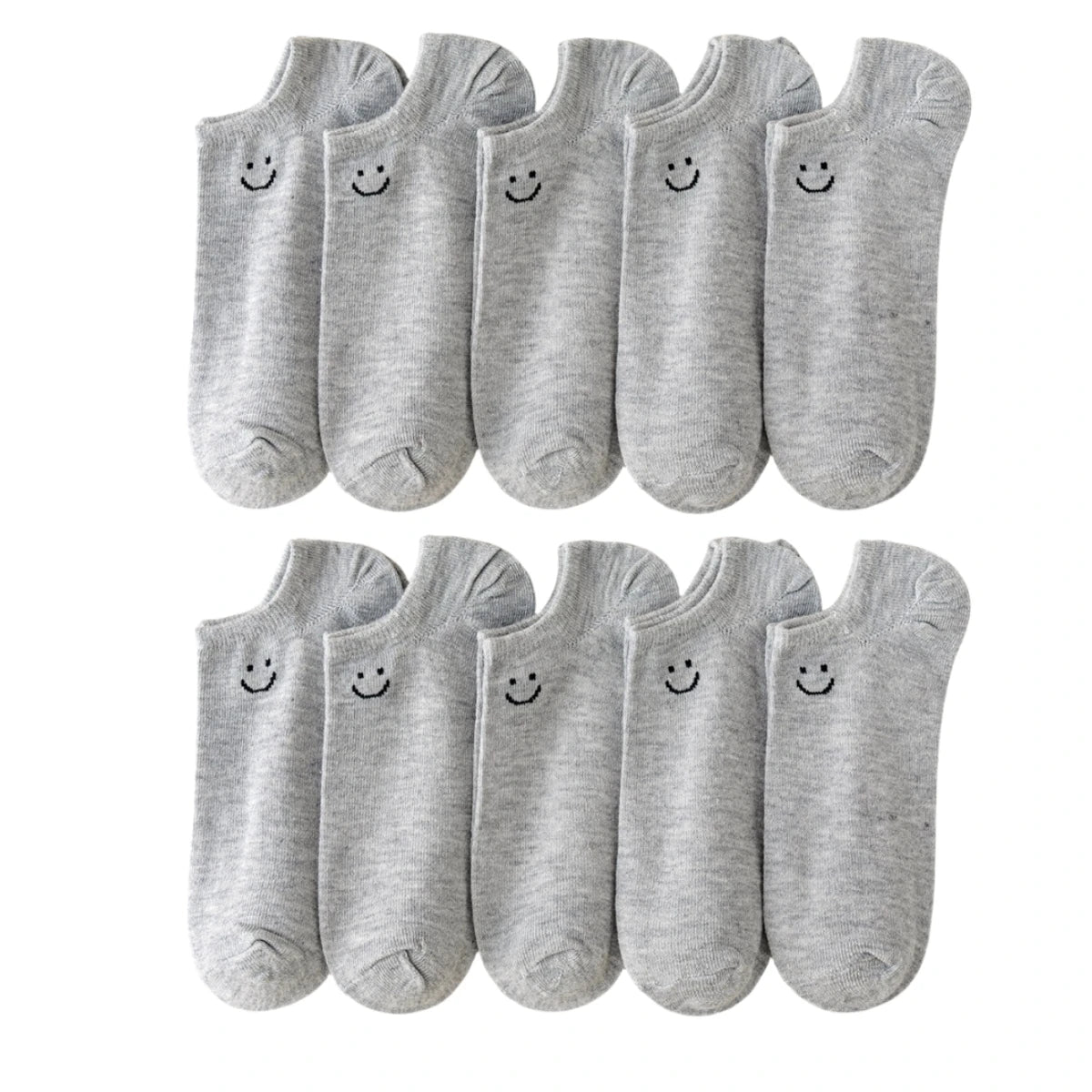 Women’s no-show socks multipack in heather grey with smiley face embroidery.