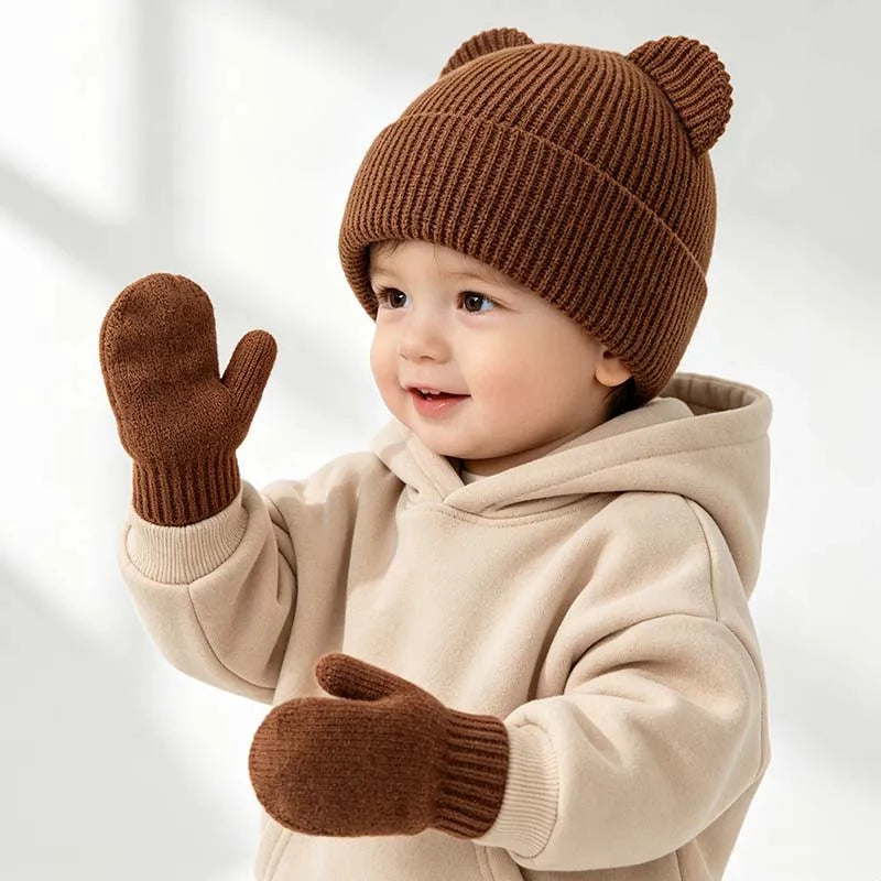 Winter Kids Hat Gloves Set Cute Bear Ear Beanie for Boys Girls Warm Kintted Earflap Hats Solid Color Mittens 6M-3Y K's Collection Store