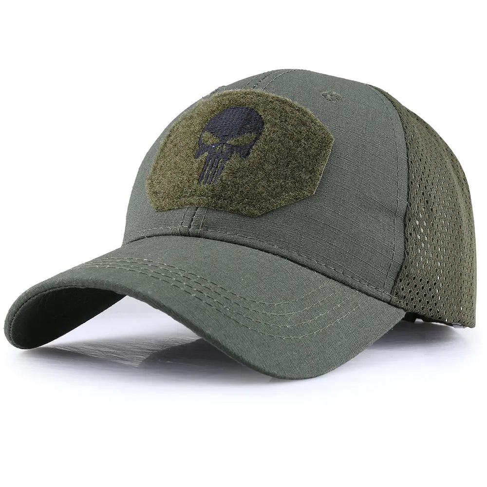 Olive green baseball cap with dark blue skull patch and mesh side panels
