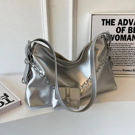 Silver PU leather tote bag set with chain handles and front buckle strap pocket