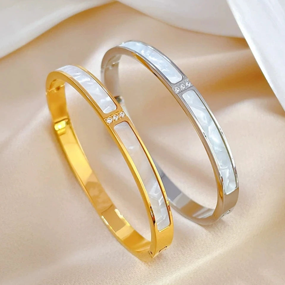 Yupsk Titanium Steel Gold Color Shell Zircon Open Bracelet Bangles Luxury Sparkling CZ Waterproof Jewelry K's Collection Store